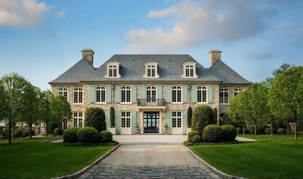 The stone facade and slate roof of a completed member-built residence